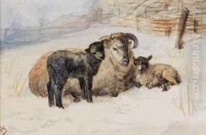 A Watercolour With Sheep And Lambs by Hannah Barlow
