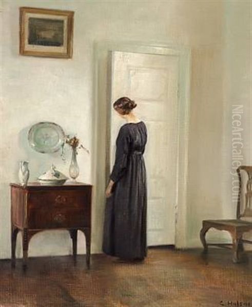 Interior With A Woman In Black Opening A White Painted Door - view 1