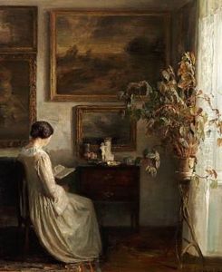 Interior With A Woman Dressed In White Reading By The Window by Carl Vilhelm Holsoe