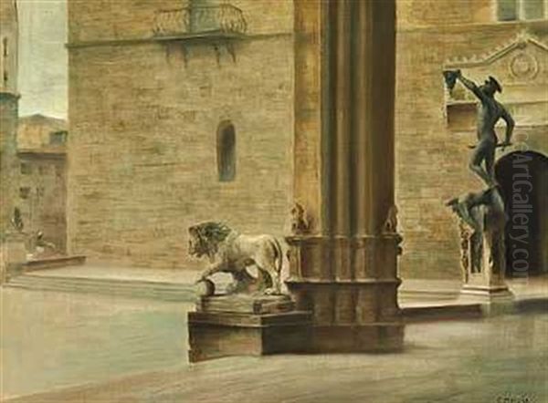 Parti Fra Piazza Signoria I Firenze, Med Udsigt Fra Loggia Dell'orcagna Mod Cellinis Statue Af Perseus - view 1