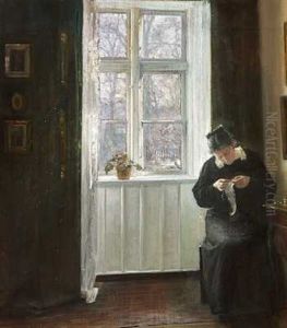 Interior Med Ung Pige, Der Syr Ved Vinduet by Carl Vilhelm Holsoe