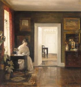 Interior Med En Kvinde Der Laeser by Carl Vilhelm Holsoe