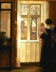 Interior Med Mor Og Barn Ved Vinduet by Carl Vilhelm Holsoe