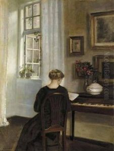 A Girl Reading Beside An Open Window by Carl Vilhelm Holsoe