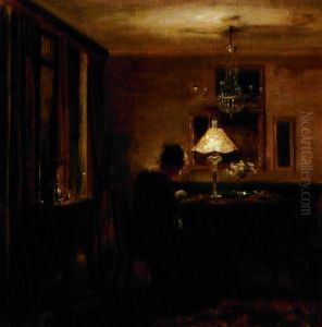 Interior Med Dame, Der Broderer Ved Lampelys