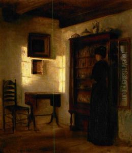Interior Fra En Stue Med Kvinde Ved Abentstaende Vitrine, Belyst Af Eftermiddagssolen Interior Fra En Stue Med Kvinde Ved Abentstaende Vitrine, Belyst Af Eftermiddagssolen