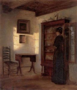 Interior Fra En Stue Med Kvinde Ved Abentstaende Vitrine, Belyst Af Eftermiddagsolen Interior Fra En Stue Med Kvinde Ved Abentstaende Vitrine, Belyst Af Eftermiddagsolen