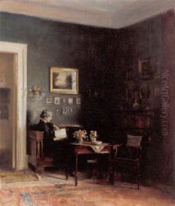 Interior Med Laesende Dame I Et Hjorne Af Stuen Interior Med Laesende Dame I Et Hjorne Af Stuen