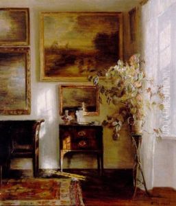 Solbeskinnet Interior Med Kommode, Plante Pa Piedestal Og Malerier Pa Vaeggen by Carl Vilhelm Holsoe
