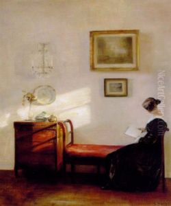 Interior Med Ung Laesende Pige by Carl Vilhelm Holsoe