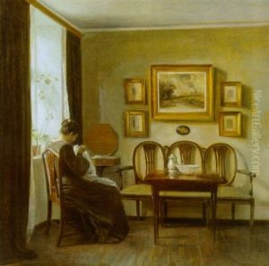 Interior Med Kunstnerens Hustru Ved Sytojet by Carl Vilhelm Holsoe
