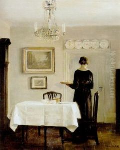 Interior Med Kunstnerens Hustru Ved Spisebordet by Carl Vilhelm Holsoe