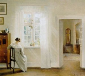 Interior Med Kunstnerens Hustru Siddende Ved Et Vindue I Solfyldt Stue Interior Med Kunstnerens Hustru Siddende Ved Et Vindue I Solfyldt Stue