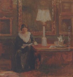 Stueinterior Med Kvinde, Der Laeser I Lysskaeret Fra En Lampe, Pa Vaeggen Malerier I Guldrammer by Carl Vilhelm Holsoe