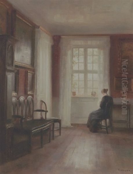 Interior Med Syende Kvinde Ved Vinduet - view 1