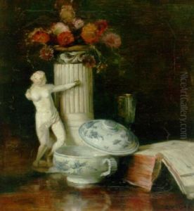 Opstilling Med Lagskal, Bog, Statuette Samt Piedestal Hvorpa Violette Blomster