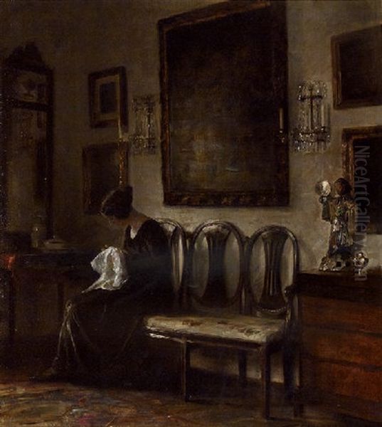 A Lady Sewing In An Interior - view 1