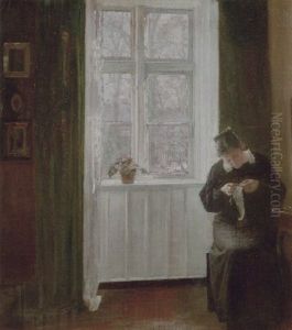 Interior Med Kunstnerens Hustru Med Sytojet Ved Vinduet Interior Med Kunstnerens Hustru Med Sytojet Ved Vinduet