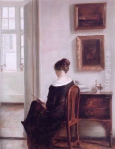 Interior Med Kunstnerens Hustru Laesende Naer Det Abentstaende Vindue by Carl Vilhelm Holsoe