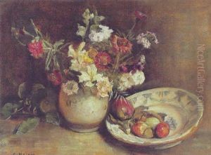 Opstilling Med Blomster I En Krukke Og Frugter I En Skal Opstilling Med Blomster I En Krukke Og Frugter I En Skal
