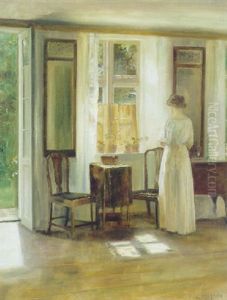 Sollys I Stuen Med En Ung Pige I Hvid Kjole Ved Vinduet Sollys I Stuen Med En Ung Pige I Hvid Kjole Ved Vinduet