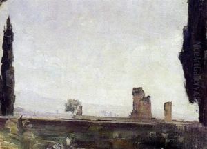 Italiensk Landskab Med Hoje Traeer Og Ruiner by Carl Vilhelm Holsoe