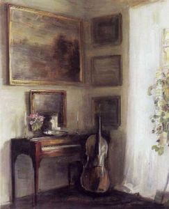 Interior Med Solskin Gennem Lette Lyse Gardiner Pa Vaegge Med Malerier Samt Spinet Og Cello Interior Med Solskin Gennem Lette Lyse Gardiner Pa Vaegge Med Malerier Samt Spinet Og Cello