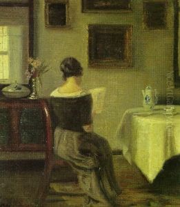 Interior Med Laesende Dame Ved Spisebord by Carl Vilhelm Holsoe