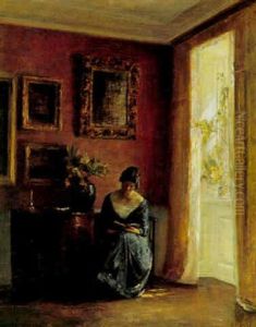 Interior Med Kvinde Laesende Ved Vinduet by Carl Vilhelm Holsoe
