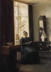 Klassisk Dansk Empire Interior Med Ung L+sende Pige Klassisk Dansk Empire Interior Med Ung L+sende Pige