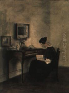 Interior Med Lasande Kvinna Vid Spinett by Carl Vilhelm Holsoe