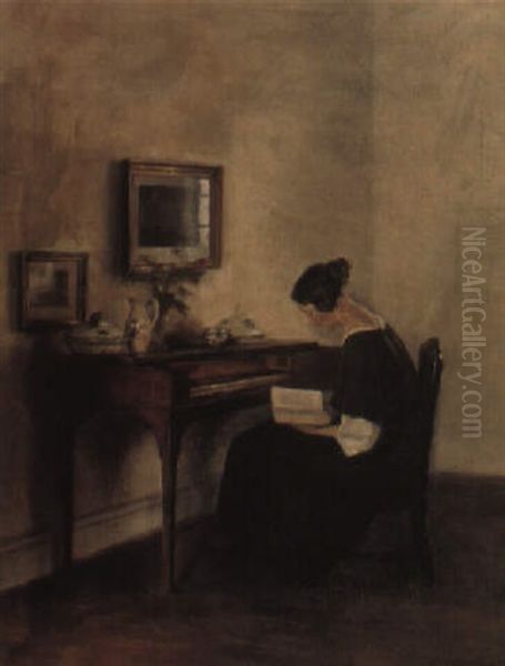 Interior Med Ung Dame L+sende Ved Spinettet - view 1