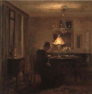 Interior Med Dame Der Broderer Ved Lampelys by Carl Vilhelm Holsoe