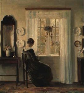 Interior Med L+sende Dame Ved Vinduet by Carl Vilhelm Holsoe