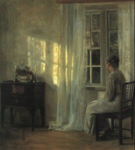 Interieur Med Kvinde I Hvid Kjole Siddende Ved Vindue by Carl Vilhelm Holsoe