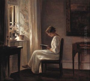Interior Med Laesende Pige Ved Et Vindue by Carl Vilhelm Holsoe