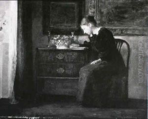 Interior Med Ung Pige Der Laeser I En Bog by Carl Vilhelm Holsoe
