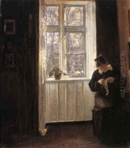 Interior Med Ung Pige Der Syr Ved Vinduet by Carl Vilhelm Holsoe