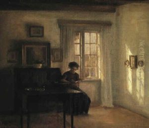 Interiir Med Laesende Pige by Carl Vilhelm Holsoe