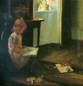 Interior Med Lille Pige, Der Sidder Og Tegner, Pa Gulvet Legetoj by Carl Vilhelm Holsoe