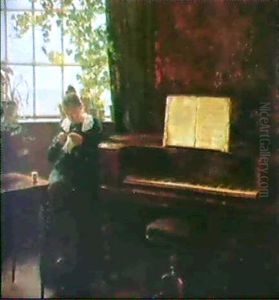 Interior Med Ung Kvinde Med Sytoj, Siddende Rygevendt Mod Vinduet, Ved Siden Af Taffelklaver by Carl Vilhelm Holsoe