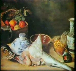 Nature Morte Med Aebler I En Kurv, Krukker, Torsk Og Fasan by Carl Vilhelm Holsoe