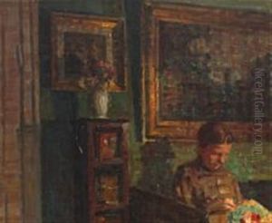 A Living Room Interior With Woman Concentrating On Her Needlework by Niels Holsoe