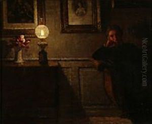 Interior With The Artist's Wife In The Glow Of A Lamp by Niels Holsoe