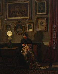 Living Room Interior With Woman Embroidering by Niels Holsoe
