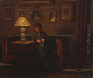 Interior With A Woman Embroidering by Niels Holsoe