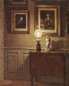 Interior Med Empirekommode Hvorpa Lampe Og Skulptur, Pa Vaeggen Kobberstik by Niels Holsoe