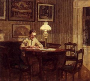 Stueinterior Med Laesende Kvinde Ved Et Bord by Niels Holsoe