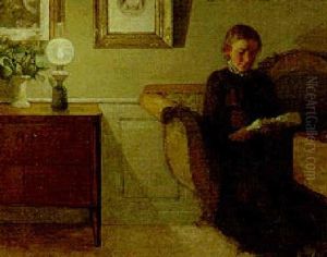 A Lady Reading By Lamplight In An Interior by Niels Holsoe
