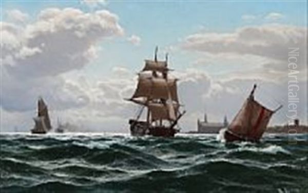 Sailing Ships Off The Coast Of Elsinore Castle - view 1